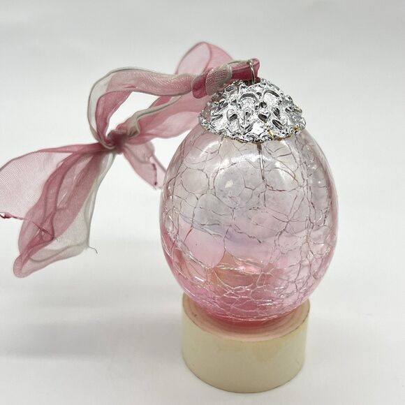 VTG Heavy Crackle Glass Egg Ornament Christmas Easter Pink Silver Kugel Lot of 3 - Picture 6 of 7
